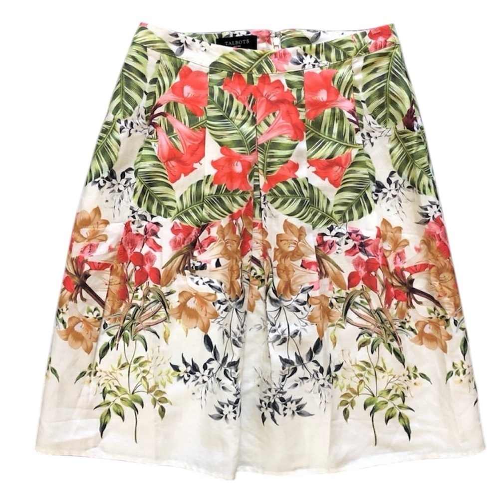 Talbots Tropical Floral Print Pleated Linen Blend Midi Skirt Cream Multi 10P